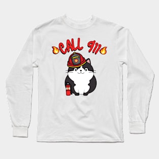 Funny Fat cat is a firefighter Long Sleeve T-Shirt